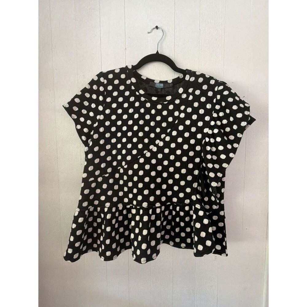 Eva Franco Black and White Polka Dot Short Sleeve Peplum Blouse